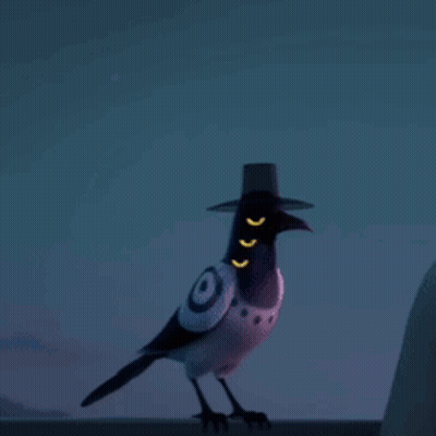 Cartoon Bird With Hat And Three Yellow Eyes Standing On Ledge GIF