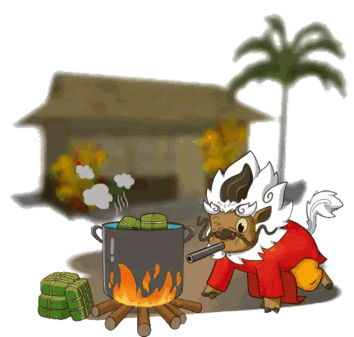 Cartoon Boar Cooking In Front Of Hut Sticker