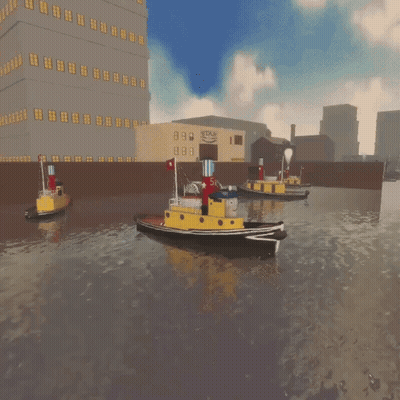 Cartoon Boats In Water With Star Building GIF