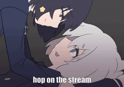 Cartoon Boy And Girl Saying Hop On The Stream GIF