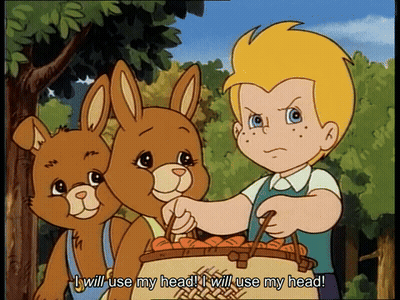 Cartoon Boy Holding Basket Of Carrots Saying I Will Use My Head GIF