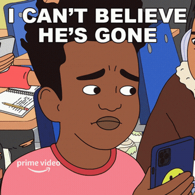 Cartoon Boy Holding Cell Phone Saying I Can't Believe He's Gone GIF