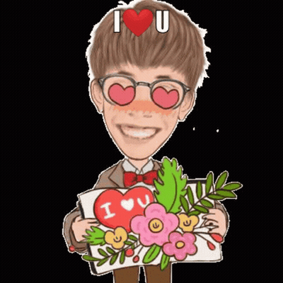 Cartoon Boy Holding Flowers And I Love You Card GIF