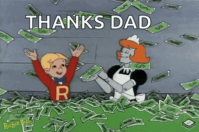 Cartoon Boy Holding Pile Of Money Next To Woman GIF