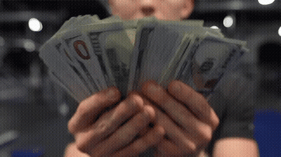 Cartoon Boy Holding Pile Of Money Next To Woman GIF