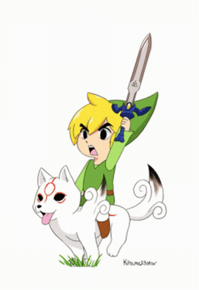 Cartoon Boy Holding Sword Riding White Dog GIF