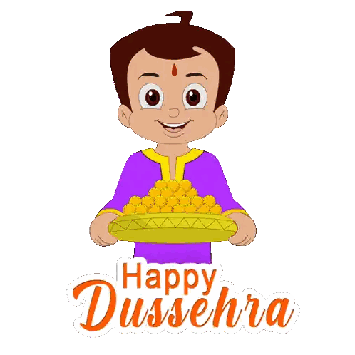 Niño caricatura sosteniendo bandeja diciendo Feliz Dussehra Sticker