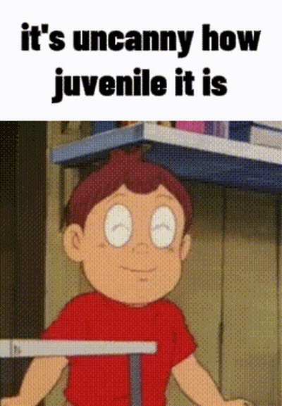 Cartoon Boy In Front Of Shelf Saying It's Uncanny How Juvenile It Is GIF