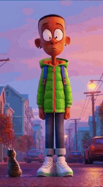 Cartoon Boy In Green Jacket Standing Next To Cat On Street GIF