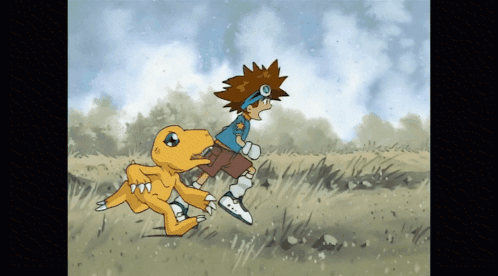 Cartoon Boy Running Away From Dinosaur GIF