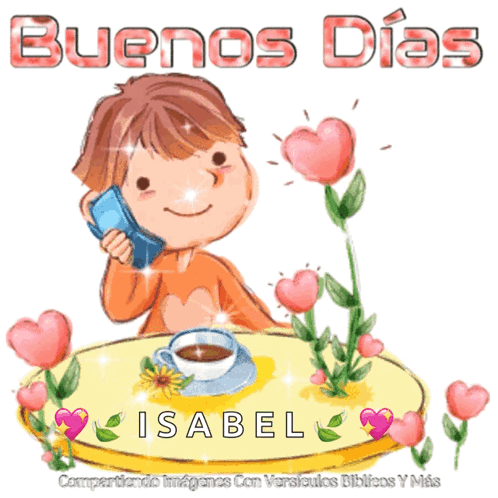 Cartoon Boy Sitting At Table With Coffee And Name Isabel GIF