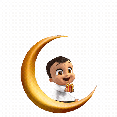 Cartoon Boy Sitting On Crescent Moon Holding Gift GIF