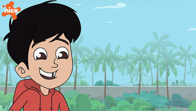 Cartoon Boy Smiling In Front Of Palm Trees And Nick Logo GIF