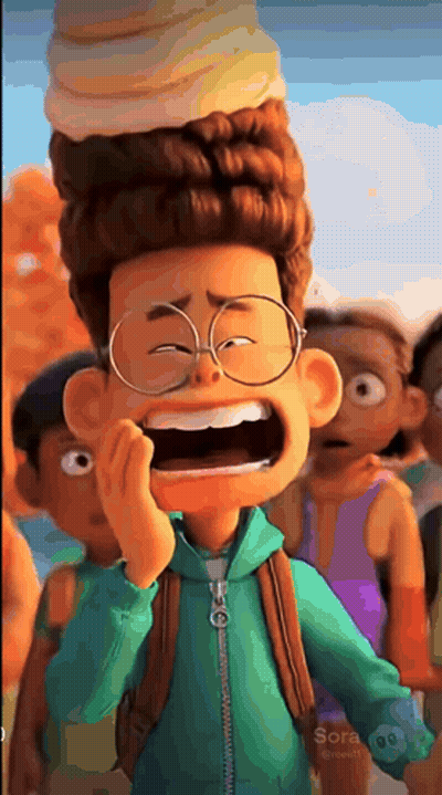 Cartoon Boy With Glasses And Backpack Laughing With Ice Cream Cone On Head GIF