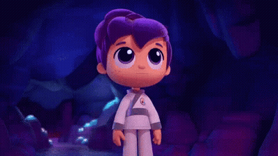 Cartoon Boy With Purple Hair Hands On Hips Eyes Closed Cave GIF
