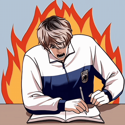 Cartoon Boy Writing In Notebook With Flame GIF