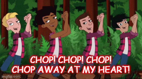 Cartoon Boys Dancing In Woods Saying Chop Chop Chop Chop Chop Away At My Heart GIF