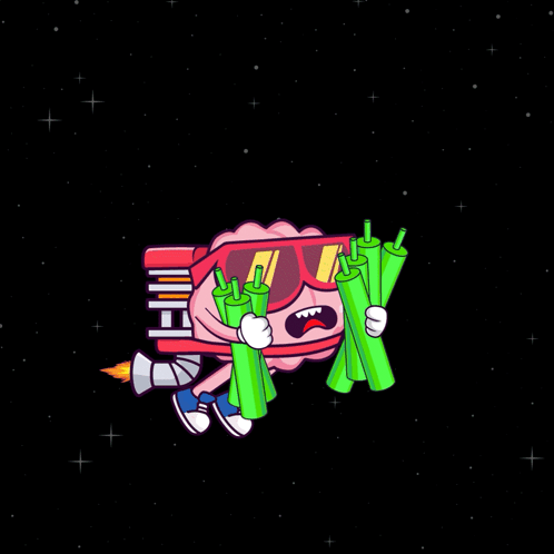 Cartoon Brain Flying Through Space With Rocket GIF