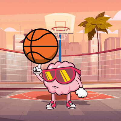 Cartoon Brain Holding Basketball On Court GIF