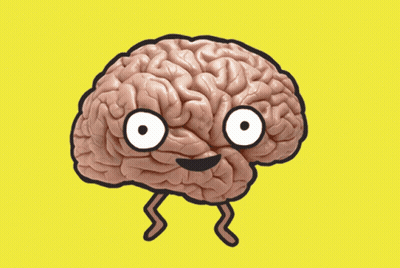 Cartoon Brain With Face And Arms On Yellow Background GIF