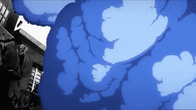 Cartoon Building With Blue Clouds GIF