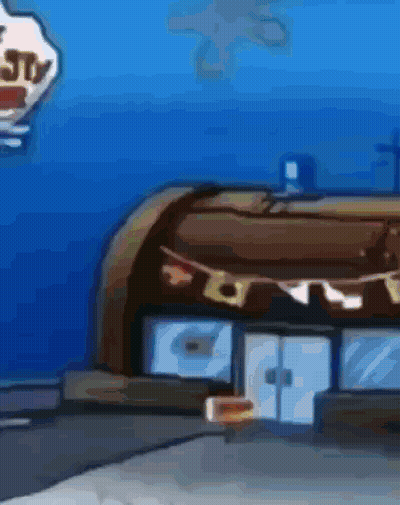 Cartoon Building With Krusty Krab Sign GIF