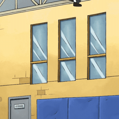 Cartoon Building With Three Windows And Storage Door GIF