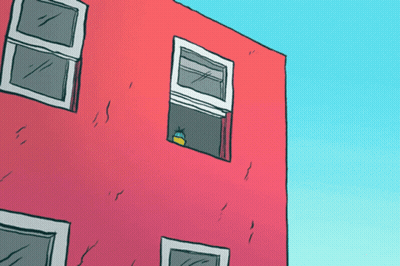 Cartoon Building With Window And Plant GIF