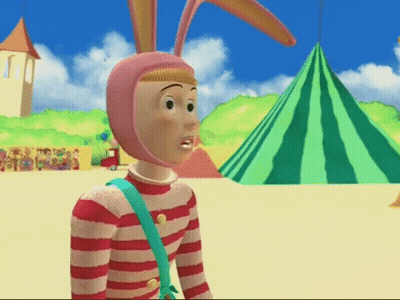 Cartoon Bunny Ears Standing In Front Of Green Tent GIF