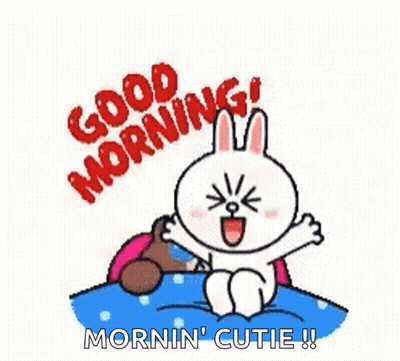 Cartoon Bunny Good Morning on Bed with Teddy Bear