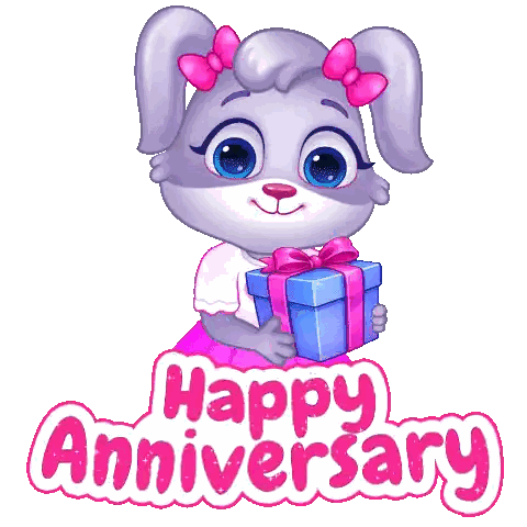 Cartoon Bunny Holding Blue Anniversary Gift Sticker