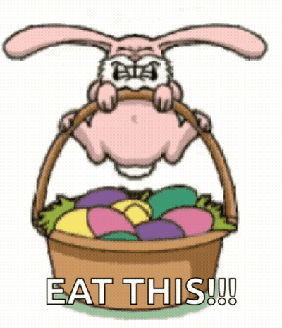 Cartoon Bunny Holding Easter Eggs Basket Says Eat This GIF