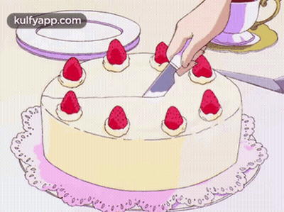 Cartoon Cake With Strawberries And Tea GIF