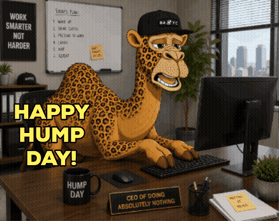Cartoon Camel Sitting At Desk With Hump Day Cup GIF