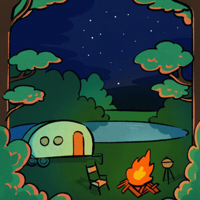Cartoon Campsite With Camper And Campfire GIF