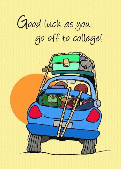 Cartoon Car With Luggage Saying Good Luck As You Go Off To College GIF