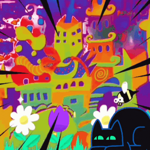Cartoon Cat And Bee In Front Of Castle GIF