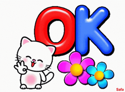 Gato de caricatura y flores diciendo Ok GIF
