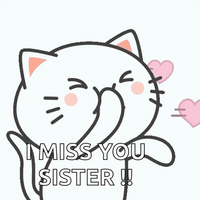Cartoon Cat Blowing Pink Hearts Saying I Miss You Sister GIF