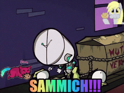 Cartoon Cat Eating Cookie Next To Box Saying Mut Vex GIF