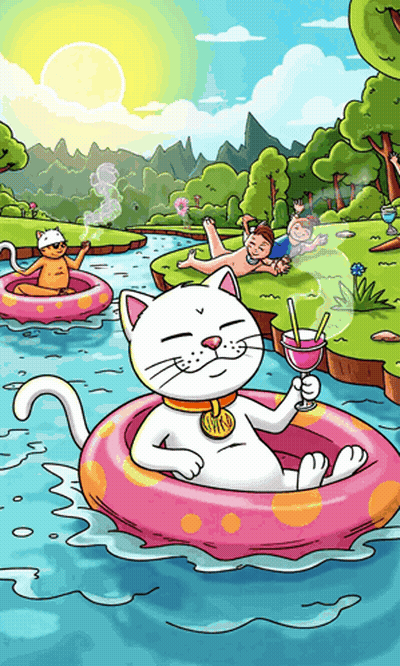 Cartoon Cat Floating On Raft GIF