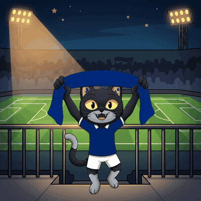Cartoon Cat Holding Blue Scarf In Stadium GIF