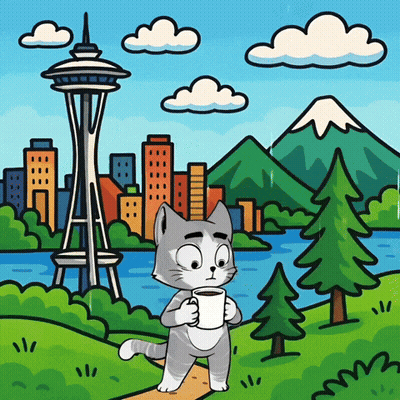 Cartoon Cat Holding Coffee In Front Of City Skyline GIF