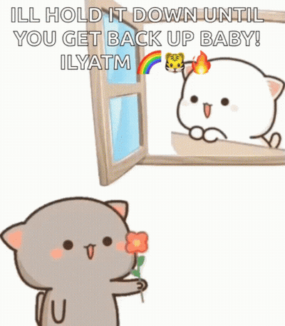 Cartoon Cat Holding Flower Says I'll Hold It Down Until You Get Back Up Baby GIF