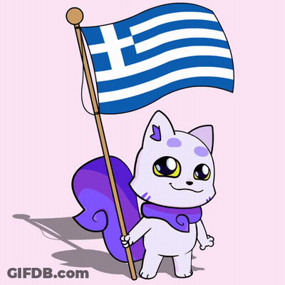 Cartoon Cat Holding Greek Flag On Pole GIF