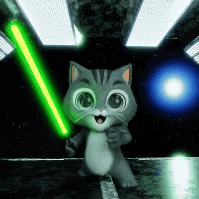 Cartoon Cat Holding Green Lightsaber In Dark Room GIF
