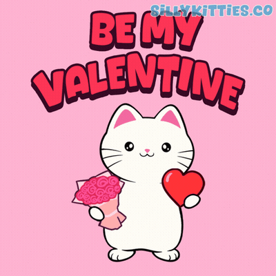 Cartoon Cat Holding Heart And Flowers Be My Valentine GIF
