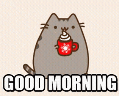 Cartoon Cat Holding Hot Chocolate Saying Good Morning GIF