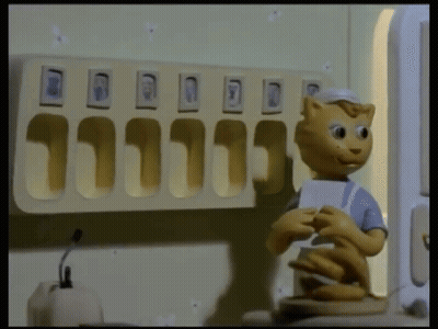 Cartoon Cat Holding Paper In Front Of Shelf With Pictures GIF