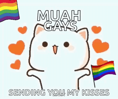 Cartoon Cat Holding Rainbow Flag Saying Muah GIF